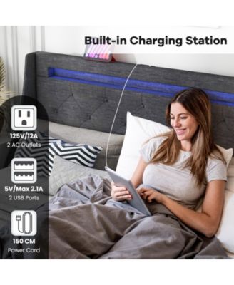 Full Size Bed Frame with LED Lights Wingback Headboard and Charging Station