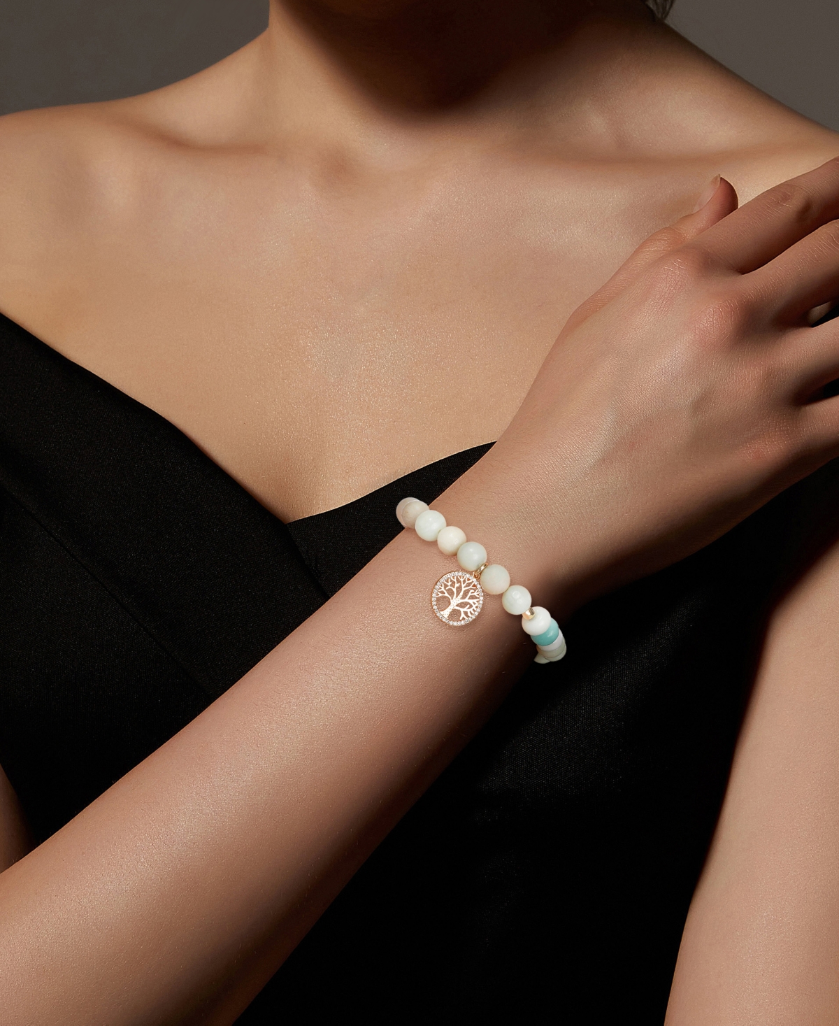Unwritten Cubic Zirconia And Amazonite Stone Family Tree Stretch Bracelet In Gold