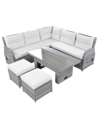 Streamdale Patio Rattan Furniture Set, Adjustable Table, Recliners, Ottomans, Beige