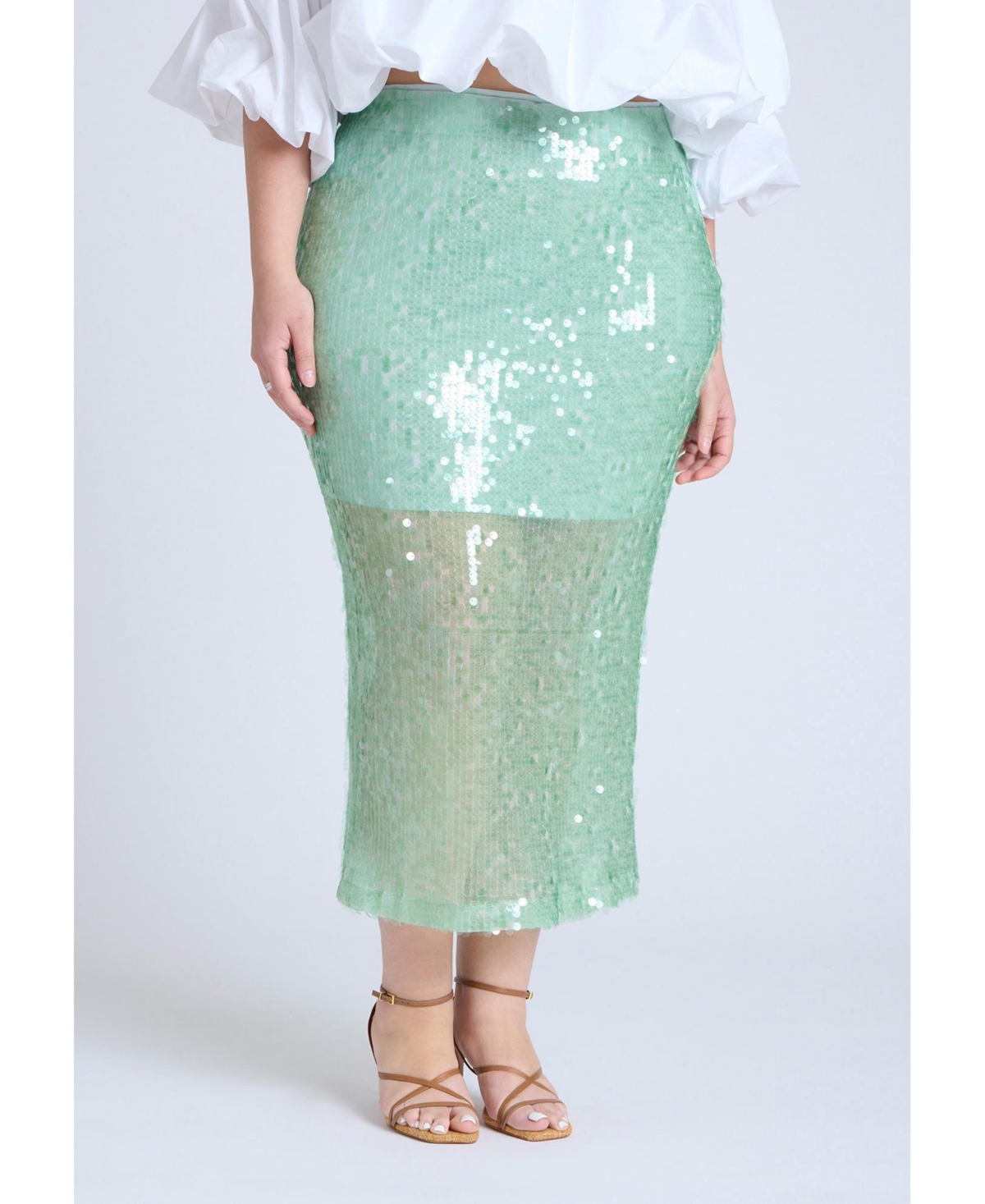 Plus Size Semi Sheer Sequin Midi Skirt - Subtle green