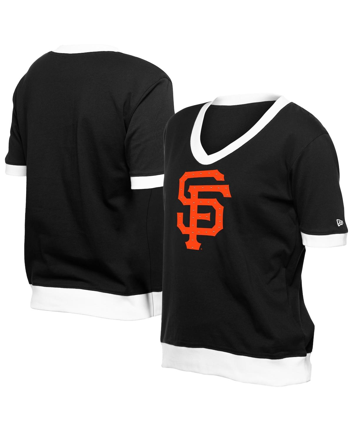 NEW ERA WOMEN'S BLACK SAN FRANCISCO GIANTS GAME DAY RHINESTONE V-NECK T-SHIRT 