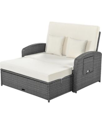 Streamdale PE Wicker Double Chaise Lounge, Adjustable, White + Cover