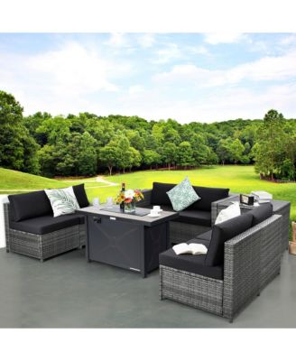 9 PCS Patio Rattan Furniture Set Fire Pit Table Storage Grey W/ Cover