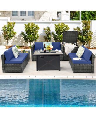 9 PCS Patio Rattan Furniture Set Fire Pit Table Storage Grey W/ Cover