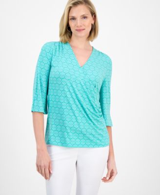 JM Collection - Women's Surplice-Neck Faux-Wrap Top