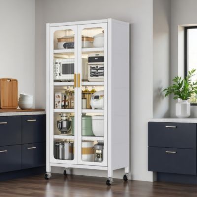 65inch Kitchen Pantry Storage Cabinet 6 Tier Metal Display Cabinet with Transparent Door Adjustable Shelves Wheels White