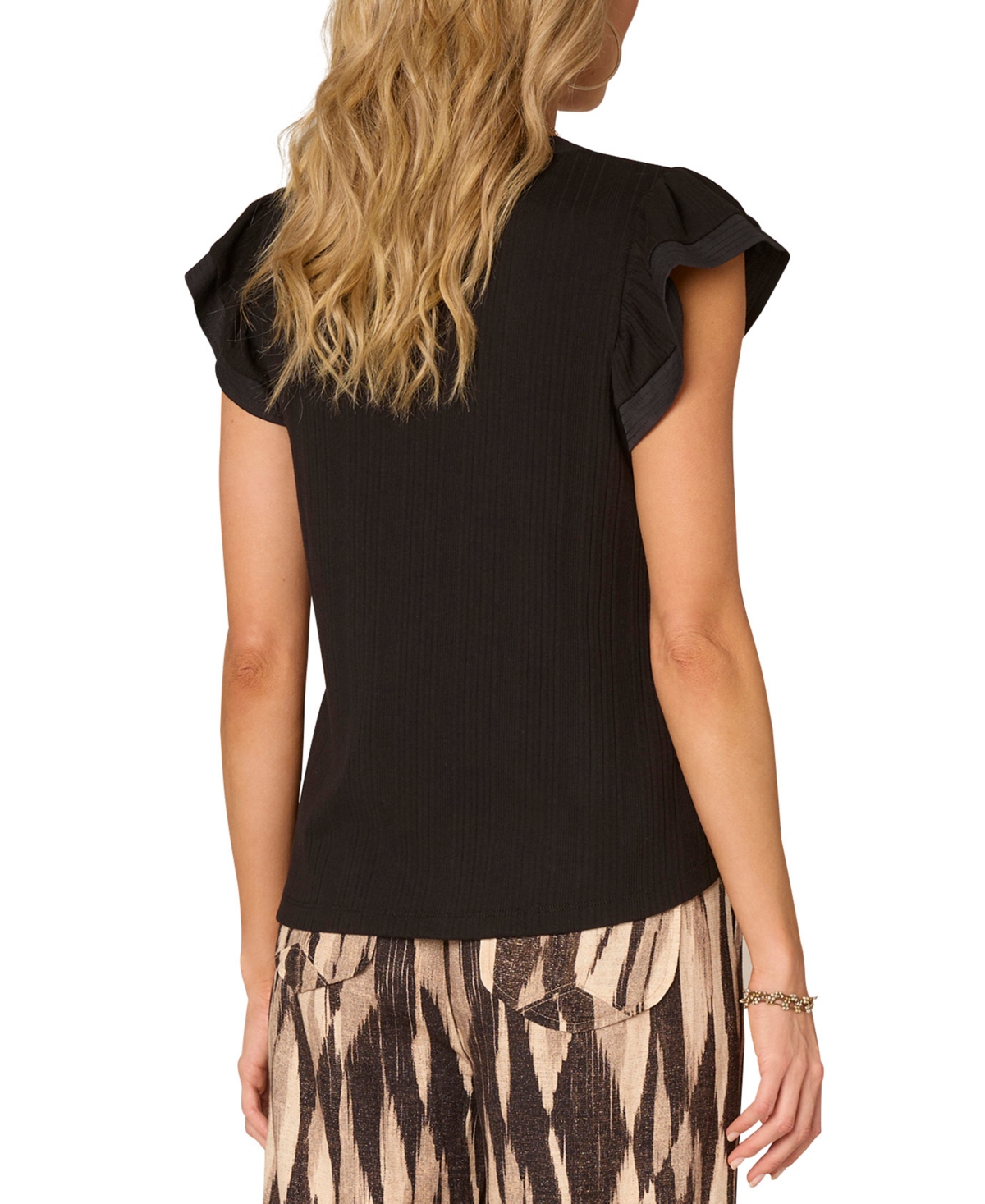 Democracy Petite Flutter-sleeve Split-neck Top