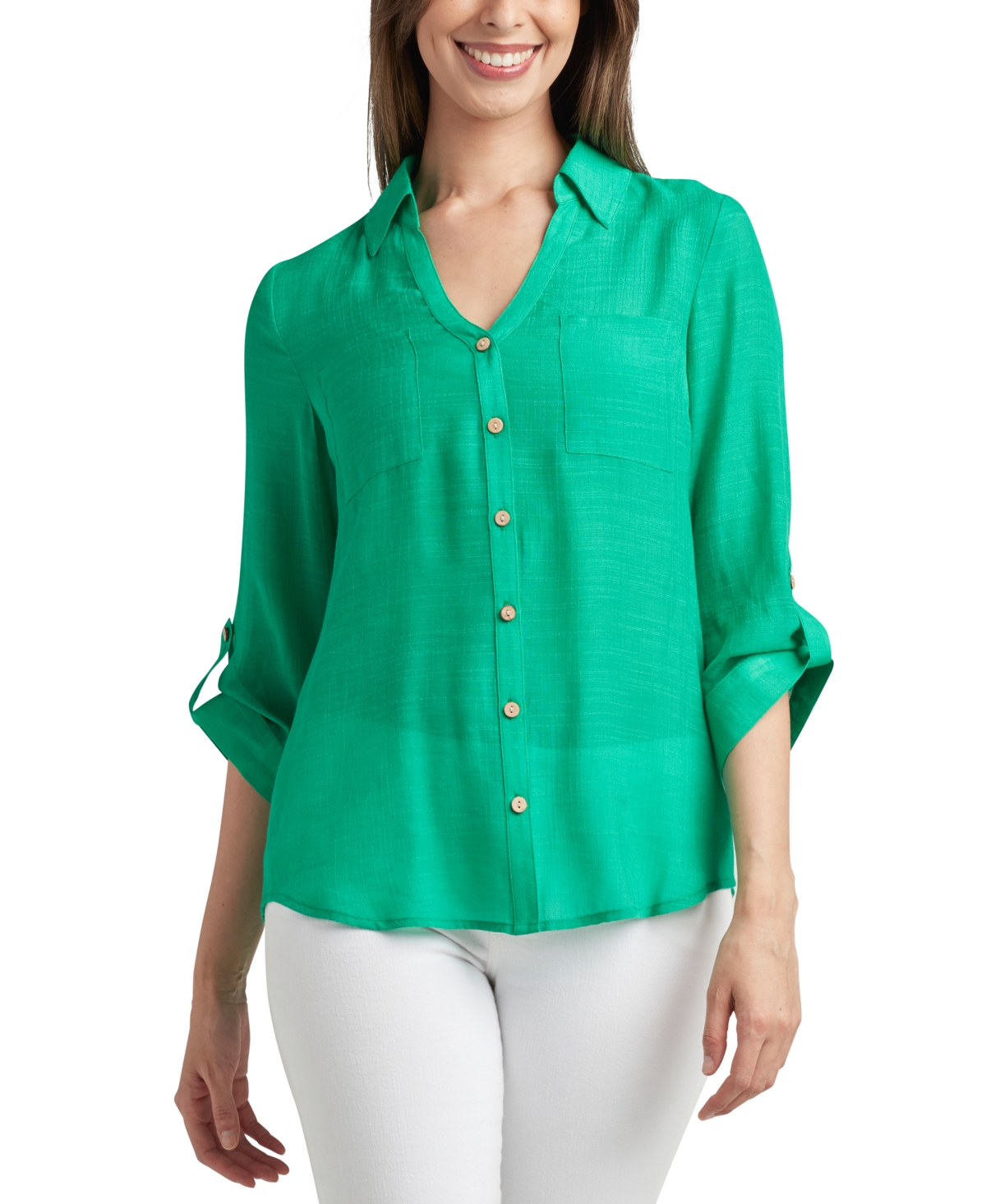 BCX JUNIORS' TEXTURED ROLL-SLEEVE BUTTON-FRONT TOP 