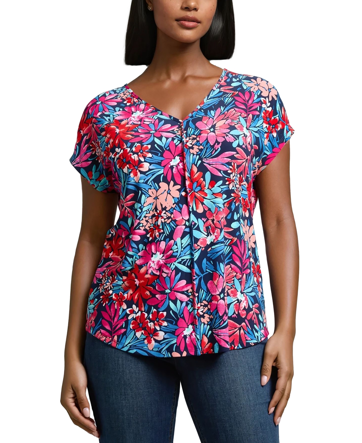 Jones New York Floral Exposed Seam V-neck Top