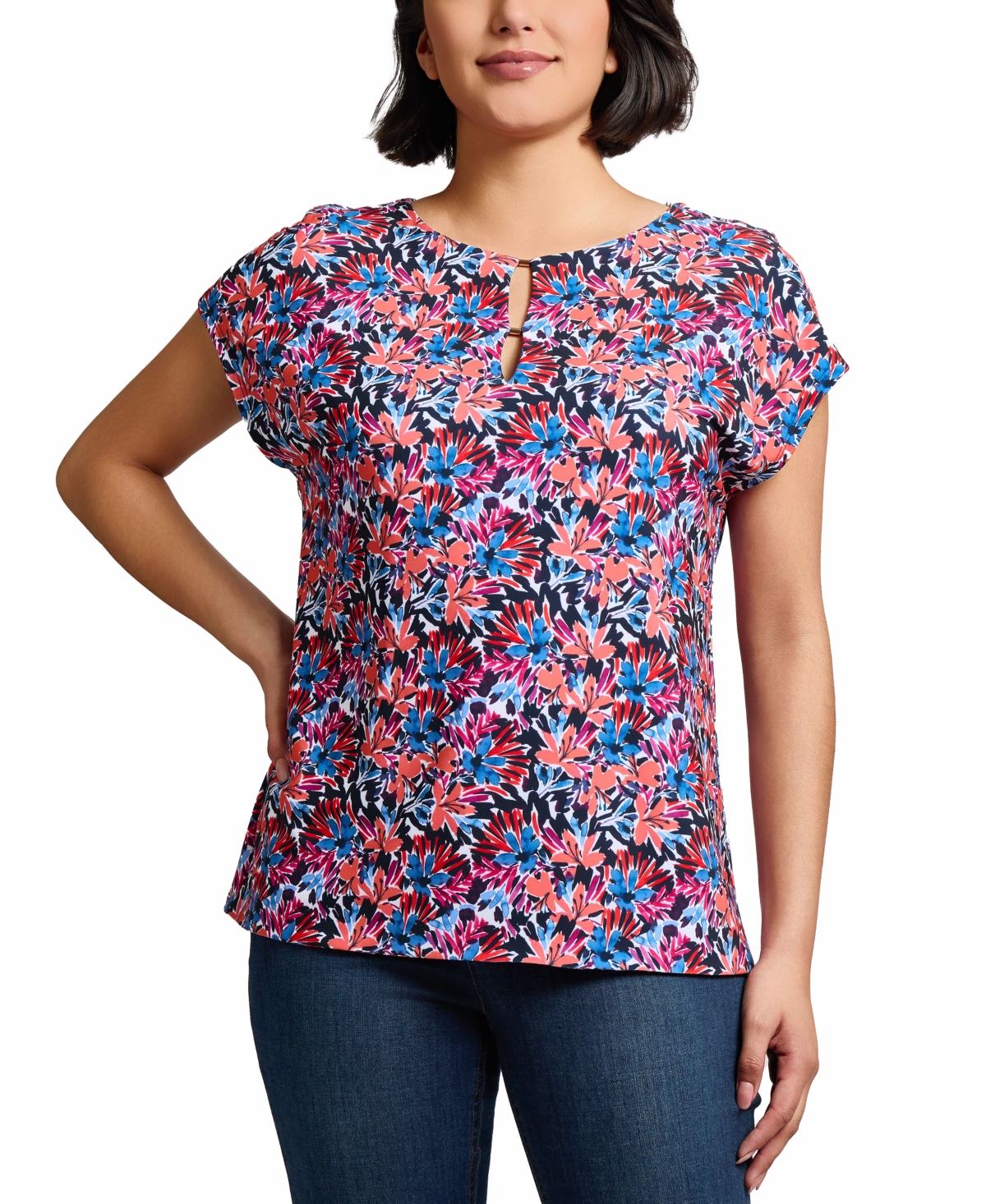 Jones New York Floral Print Keyhole Crepe Top