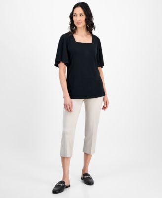 売れ筋商品|||ジェイエムコレクション カットソー トップス レディース Women's Solid Flutter-Sleeve Square Neck Crepe Top, Exclusively at Macy's Deep Black JM Collection Women's Solid Flutter-Sleeve Square Neck Crepe