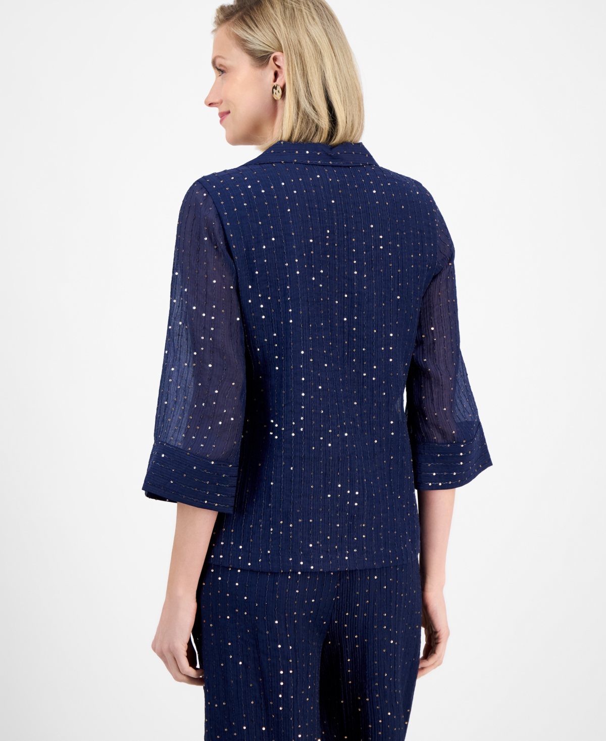 JM COLLECTION WOMEN'S SPREAD-COLLAR CRINKLE SEQUIN TOP, EXCLUSIVELY AT MACY'S 
