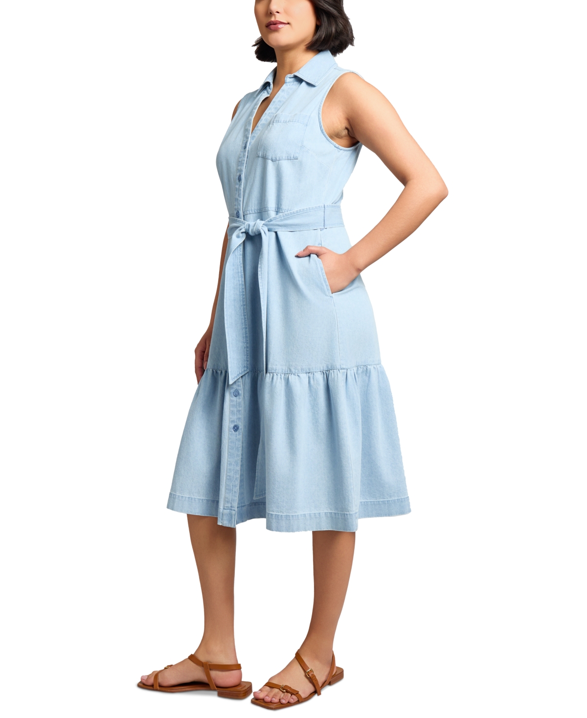 Jones New York Petite Cotton Belted A-line Shirtdress In Blue