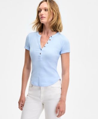 On 34th - Women's Cuffed Rib-Knit Henley T-Shirt