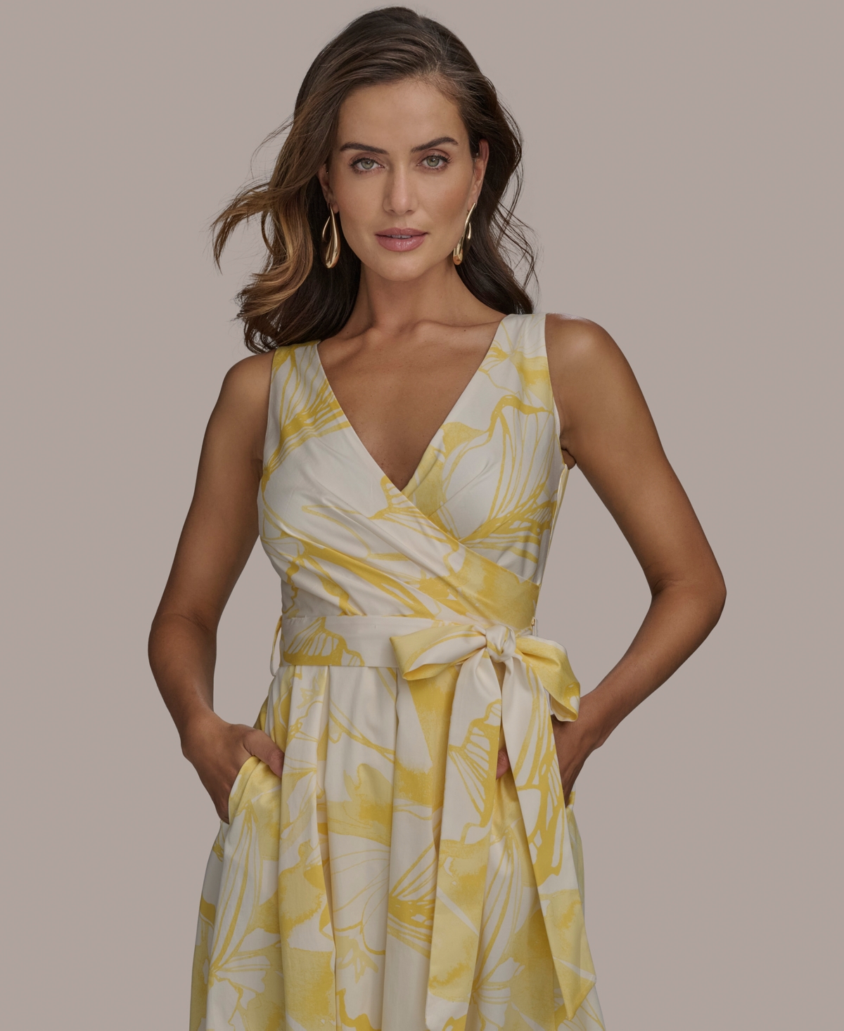 Donna Karan New York Print Tie Waist Sleeveless Midi Dress In Yellow