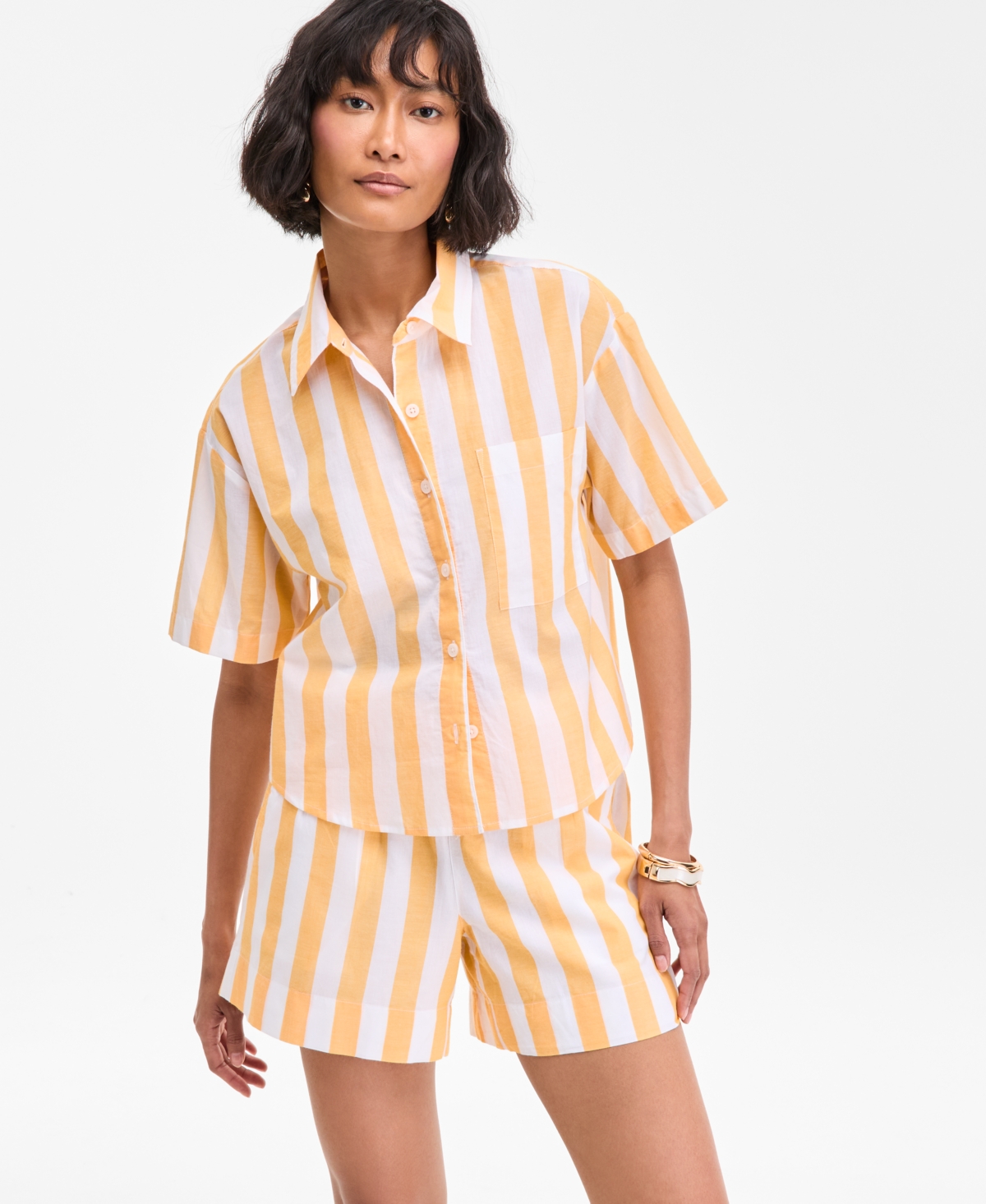 Women's Cotton Striped Short-Sleeve Shirt, Exclusively at Macy's - Citrus Yellow Combo