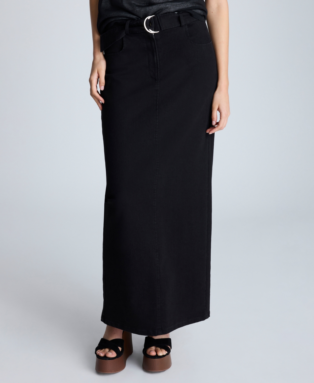 Women's Belted Denim Maxi Skirt - Nik Wash