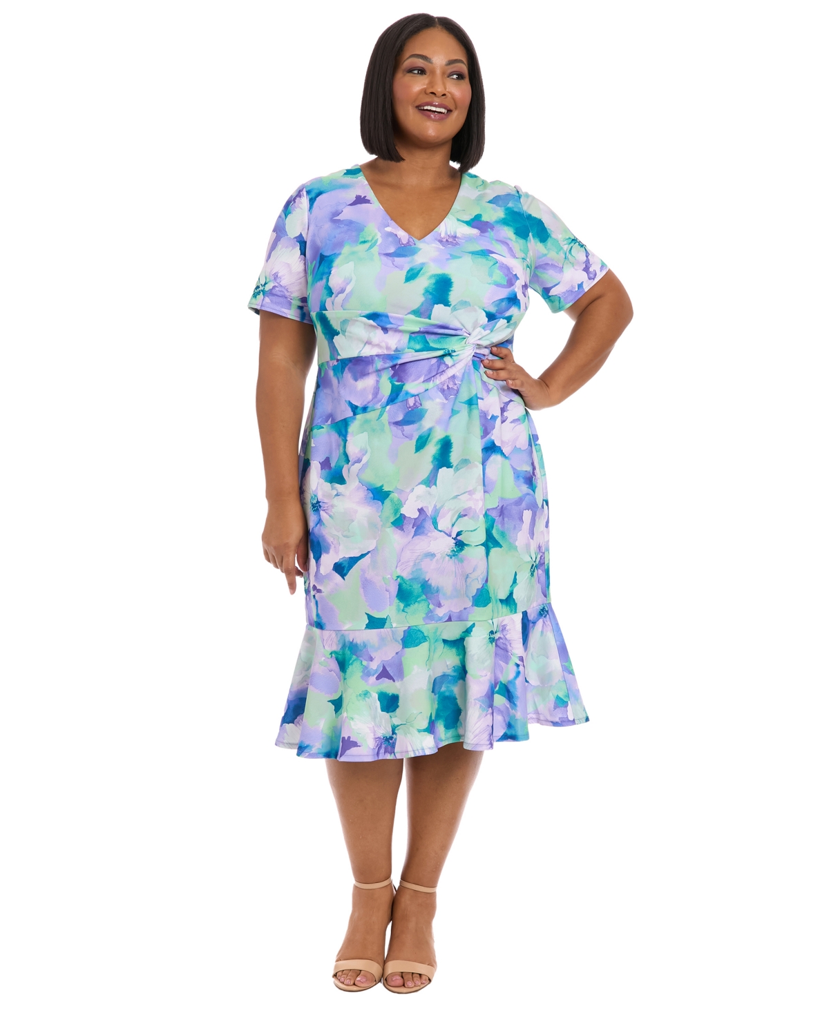 London Times Plus Size Floral-print Twist-front Midi Dress In Lavender Blue