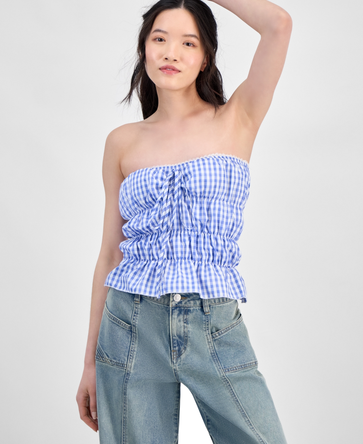 Rebellious One Juniors' Gingham Shirred Strapless Top