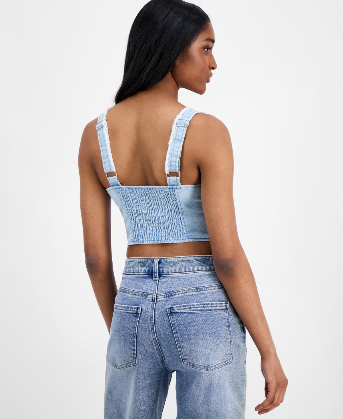Topson Downs Juniors' Fray-trimmed Cropped Denim Corset-style Top