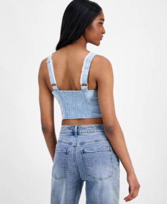 Juniors' Fray-Trimmed Cropped Denim Corset-Style Top