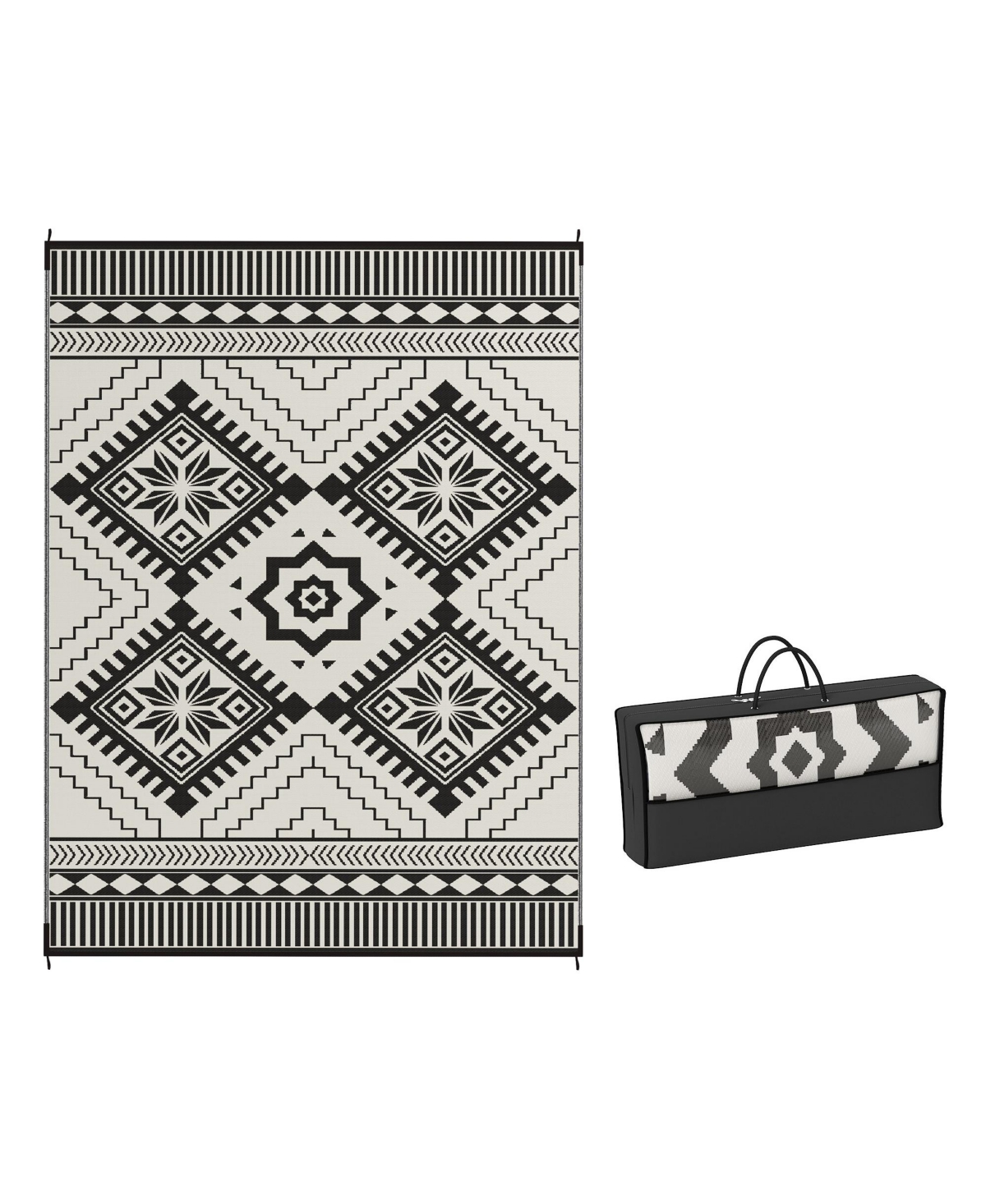Outdoor Rug, 9' x 12' Floor Mat, Toothed Rhombus - White and black toothed rhombus