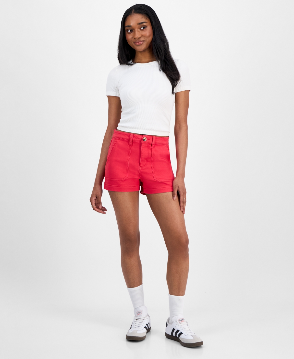 Juniors' High-Rise Utility-Pocket Shorts - Raspberry Indigo