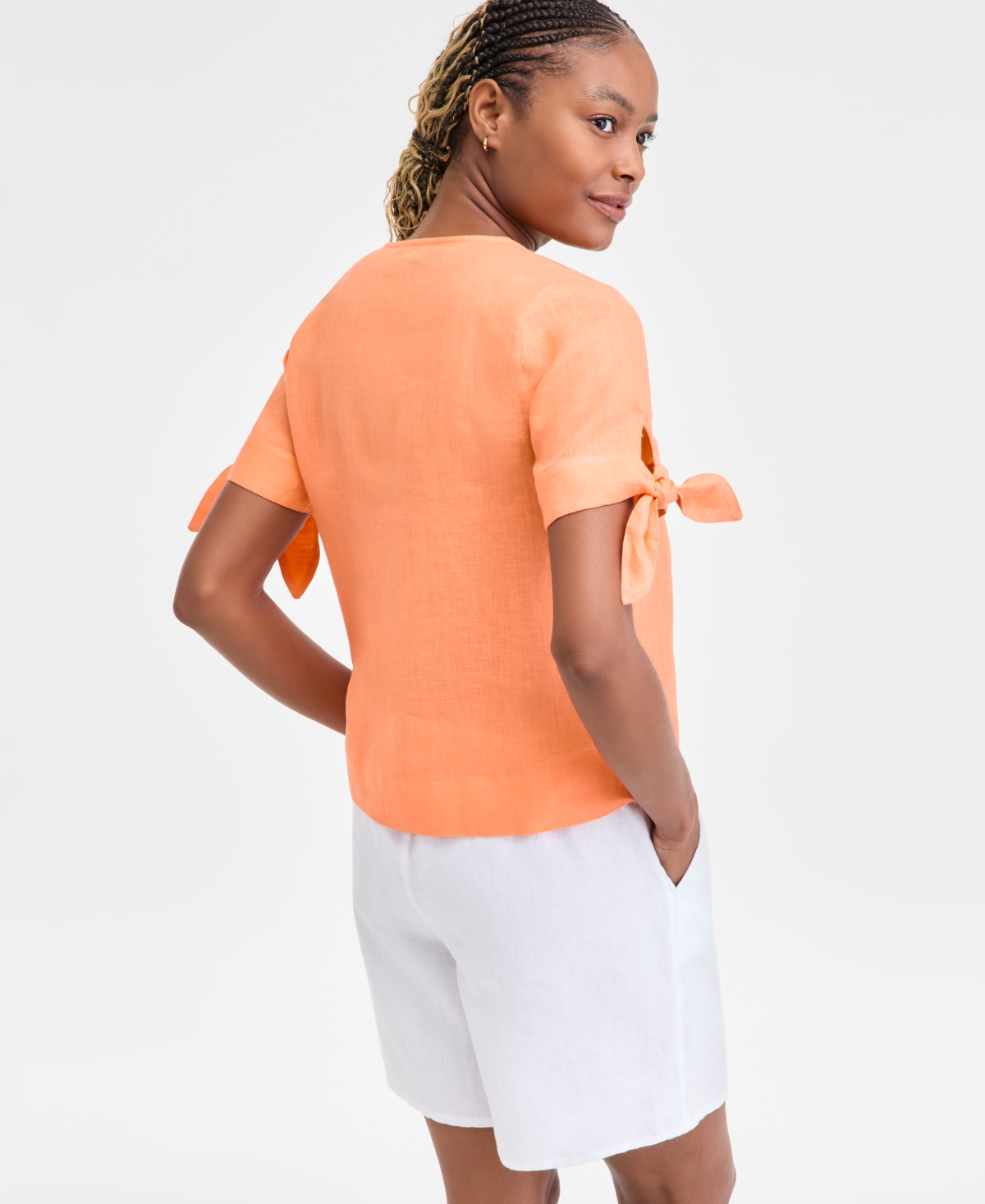 CHARTER CLUB WOMEN'S 100% LINEN SPLIT-NECK TIE-CUFF TOP, CREATED FOR MACY'S 