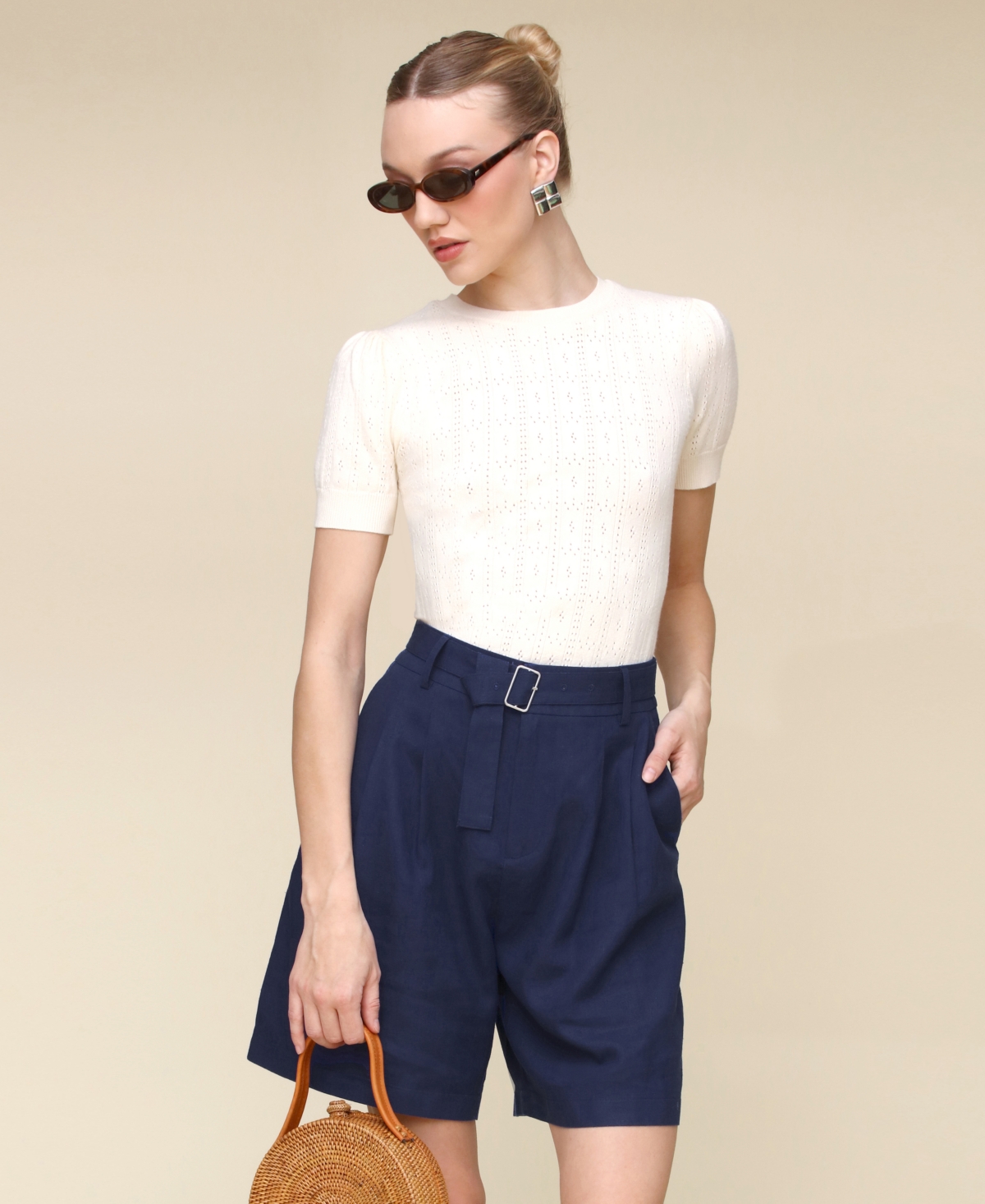 Avec Les Filles Balloon Sleeve Ruffled Shirt In Dark Navy