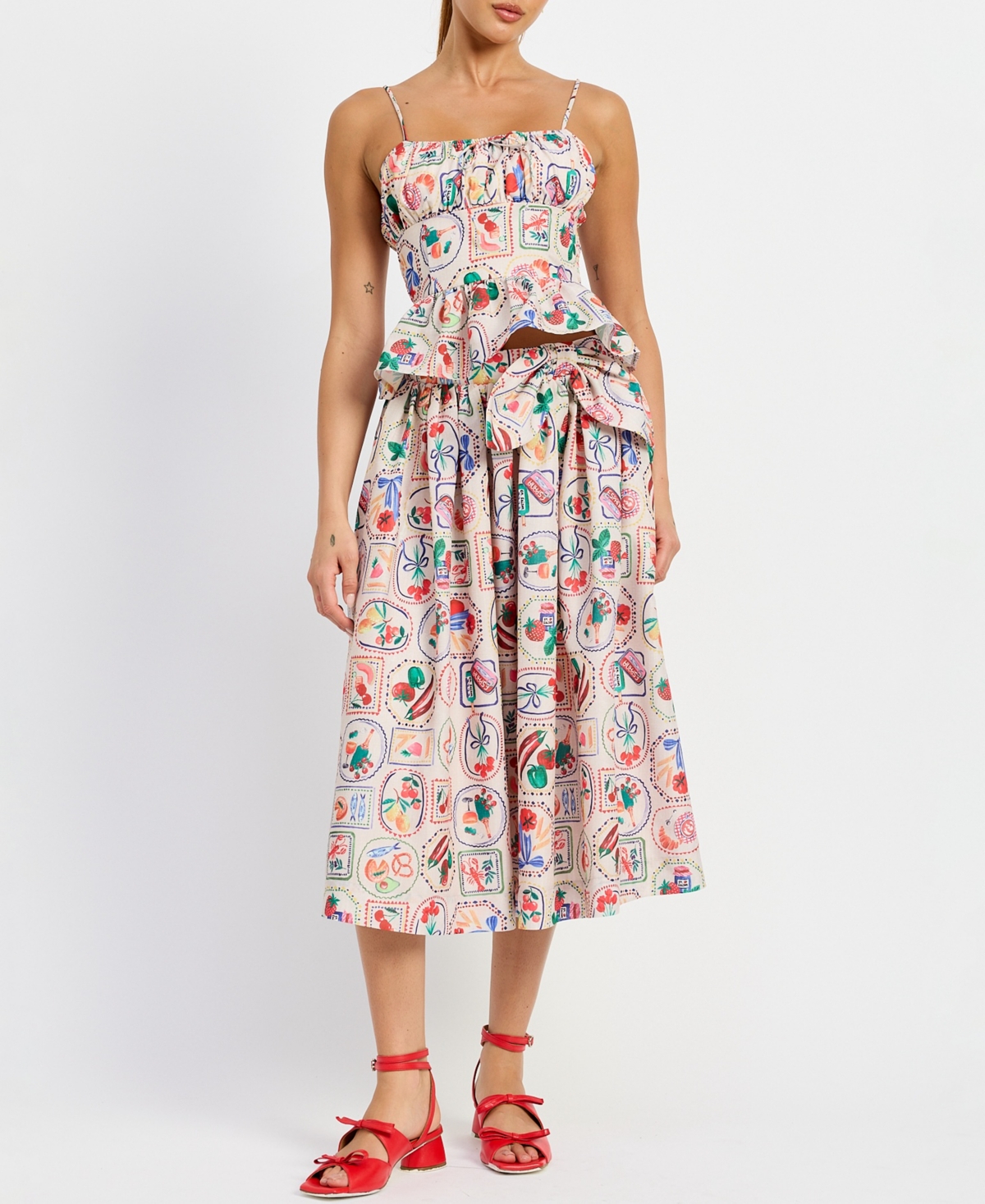 Women' Printed Midi Skirt - Linen Red Multi