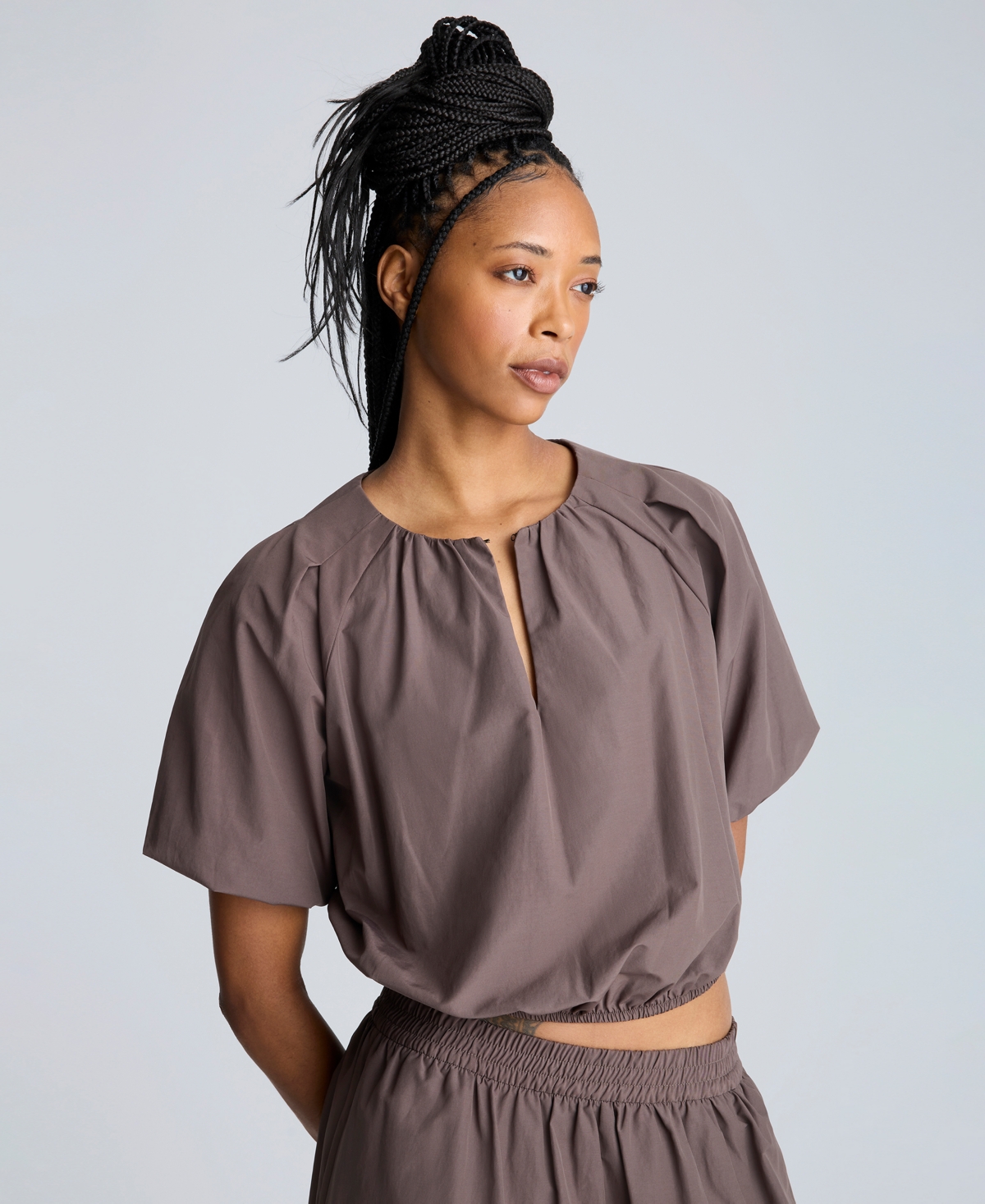 Kenneth Cole Elastic Hem Crop Top In Mocha Brown