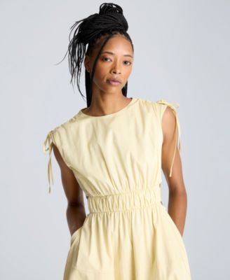 Women's Butter Yellow Ruched Tie-Shoulder Midi Dress