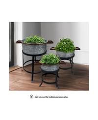 3-Piece Galvanized Metal Planter Set – Round Tub Design with Iron Stands