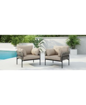 Streamdale Set of 2 Beige Iron Lounge Chairs w/ Cushions, Indoor/Outdoor