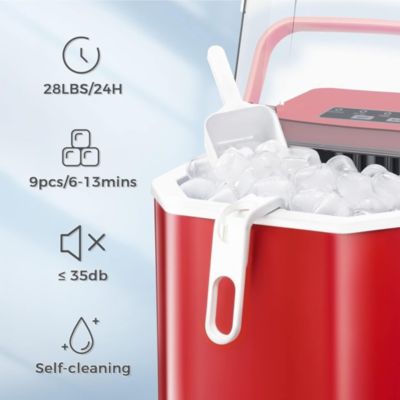 26Lbs Countertop Ice Maker, 9 Cubes in 8 Mins, Two Ice Size ,Self-Cleaning, with Scoop/Basket