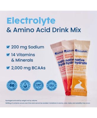 Native Hydrate Stick Packs with Electrolytes and Amino Acids, Variety Pack, Mixed Berry, Peach Mango, Tangerine, 30 Servings