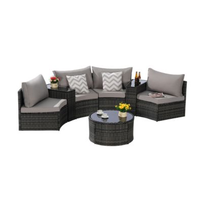 7-Pc Half-Moon Patio Set, Sectional Sofa & Glass Coffee Table