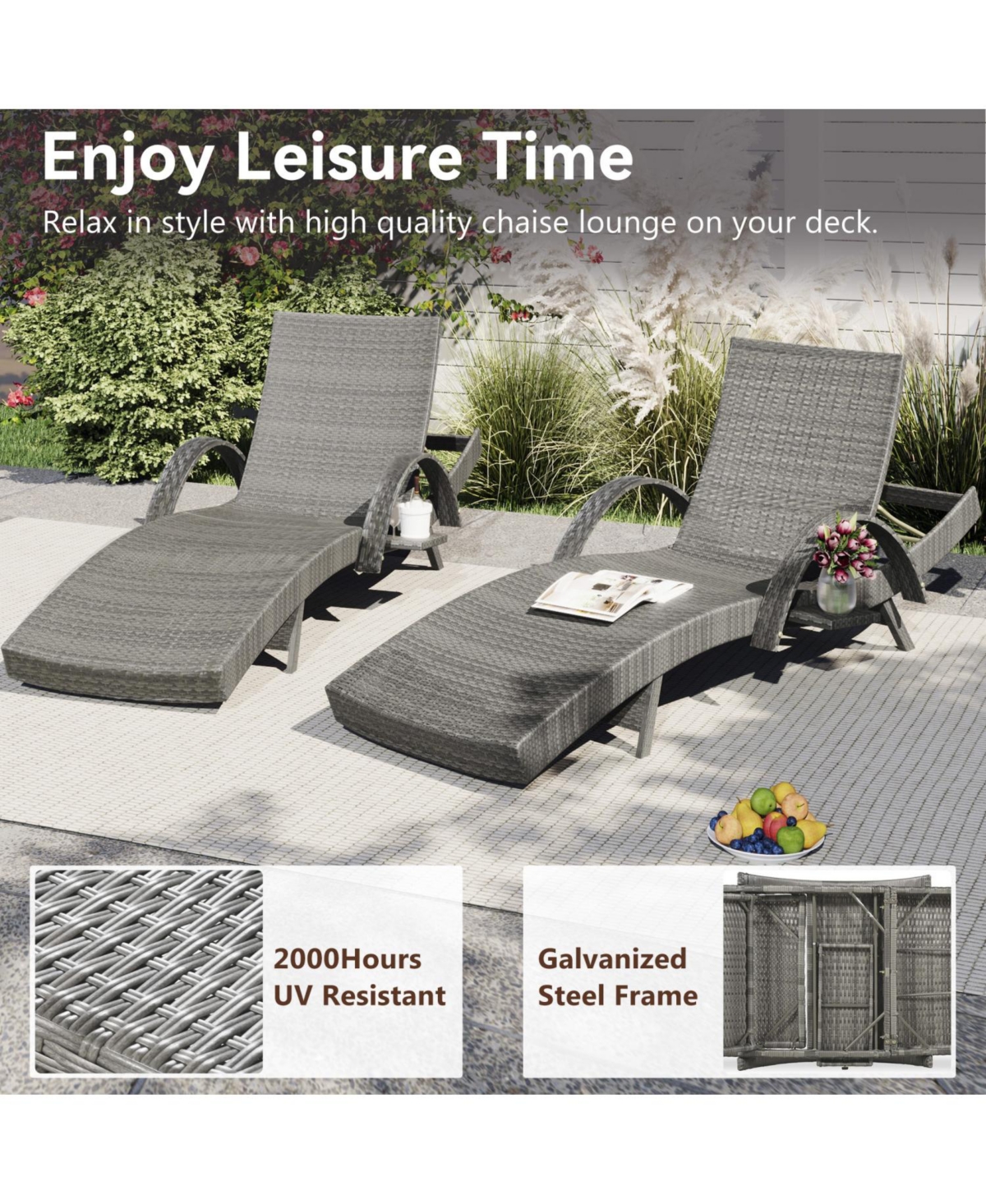 Streamdale 80" Wicker Chaise Lounge Set (2), Reclining, side table, adjustable, Grey