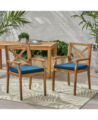 Streamdale Blue Cushion Patio Chairs - Wood Arm Dining Set (Set of 2)