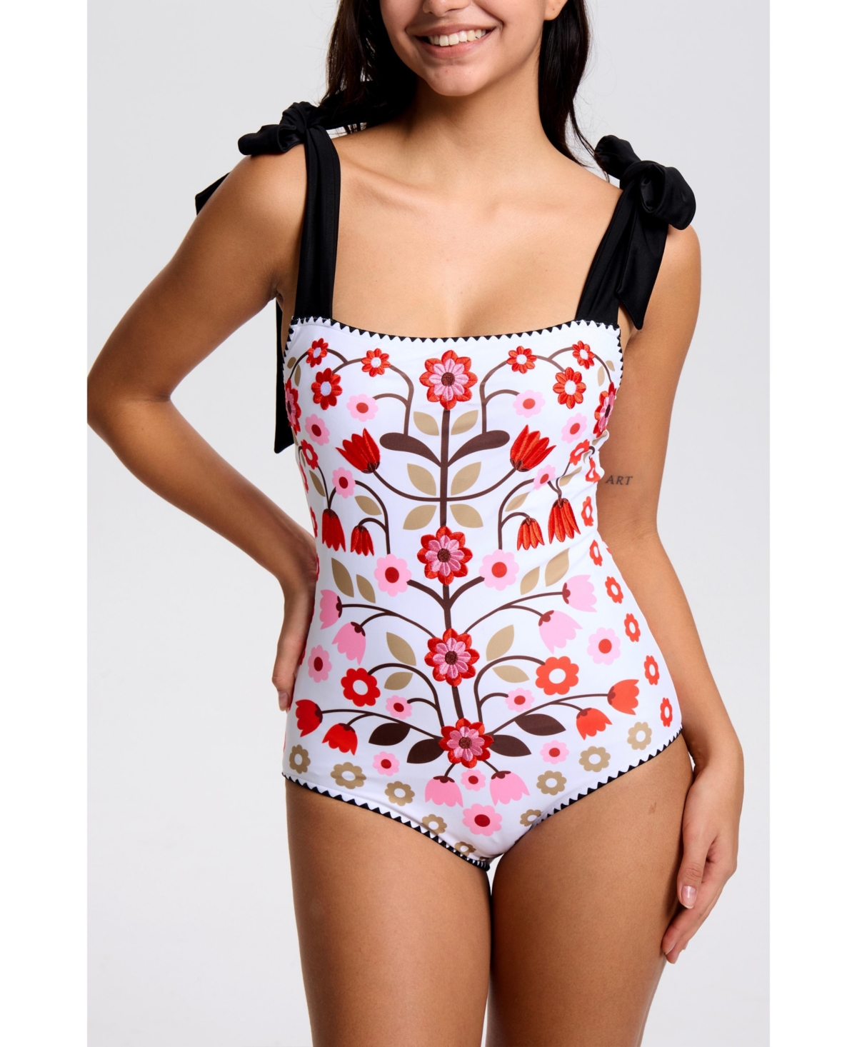 Women's Floral Symphony Embroidered Swimsuit - White / red
