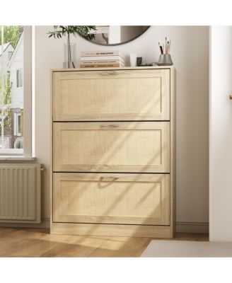 Wooden 3-door yellow shoe cabinet, multifunctional shoe rack with adjustable shelves, rattan drawers