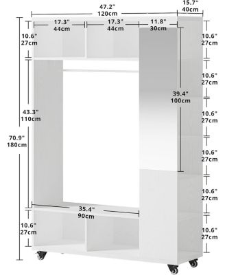 Closet Racks on Wheels with Mirror and 10 Shelves, Movable