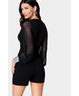 Women's Crystal Cuff Sheer Sleeve Romper
