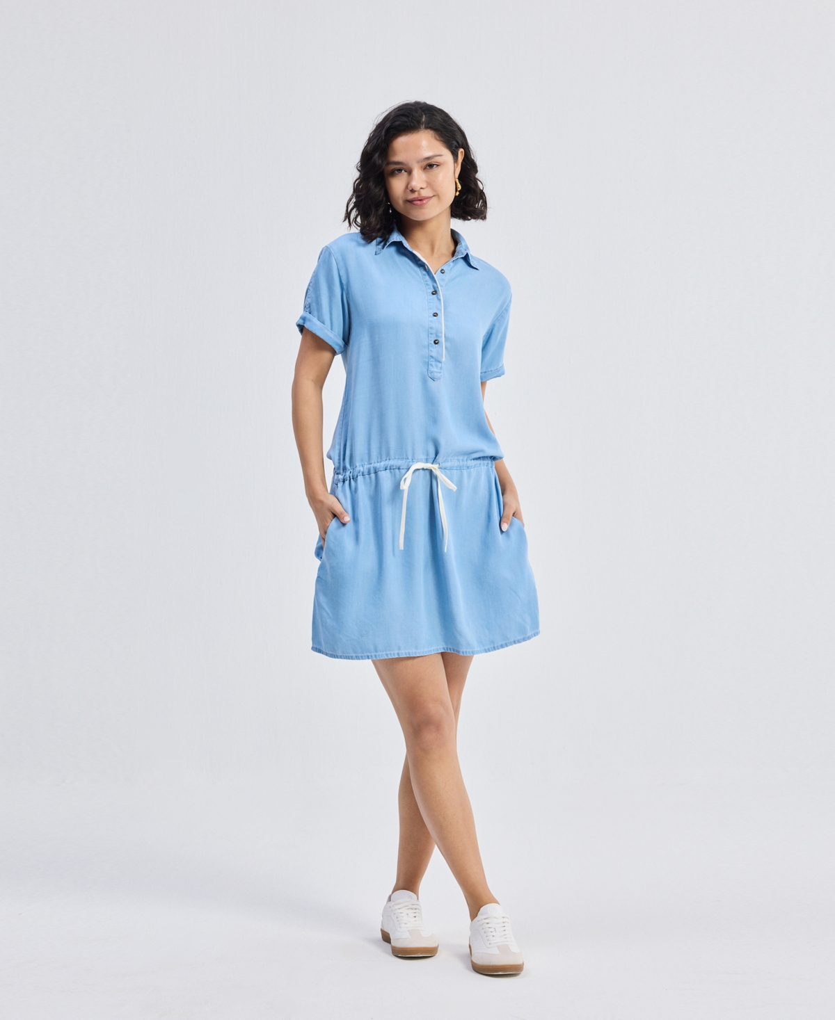 Women's Drawstring Denim Shirt Dress with Front Buttons in Blue - Blue