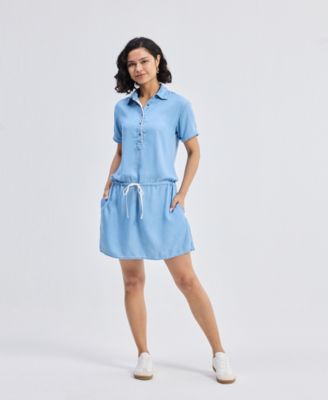 Women's Drawstring Denim Shirt Dress with Front Buttons in Blue