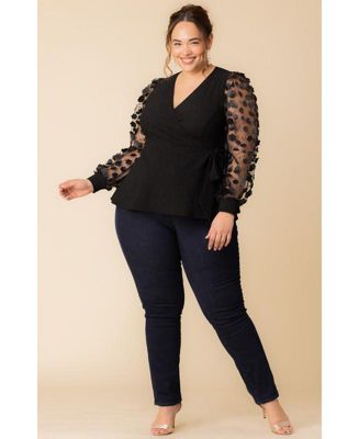 Plus Size Scattered Petals Long Sleeve Wrap Top