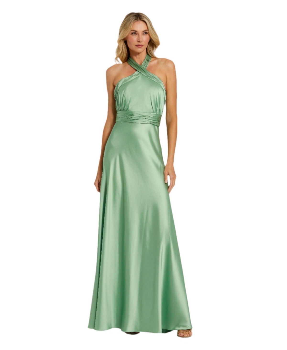 Women's Ruched Halter Neck Tie Back Satin Gown - Sage