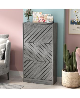 Wooden 3-door natural shoe cabinet, shutter door drawers, multi-purpose shoe rack with adjustable shelves