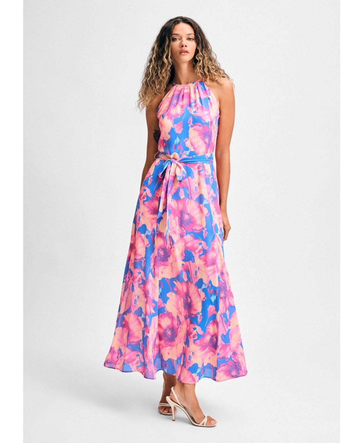 Women's Halter Tie Waist Ankle Length Dress - Blue multi