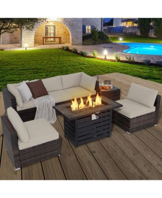 7PCS Patio Rattan Furniture Set 42'' Fire Pit Table w/ Cover Cushioned
